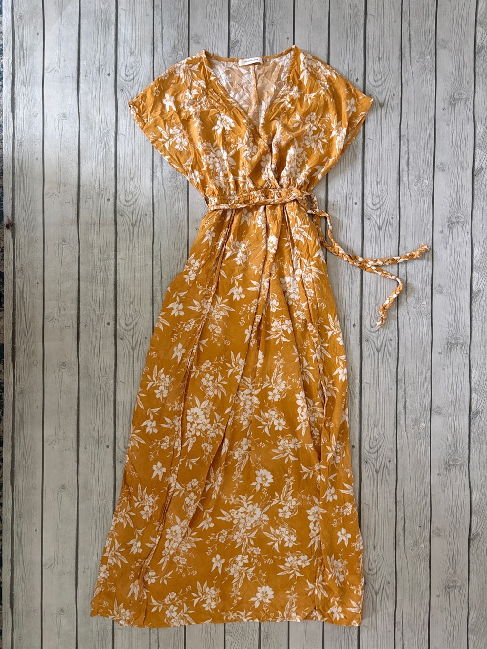 Mustard Seed Golden Mustard Floral Maxi Dress with Tie